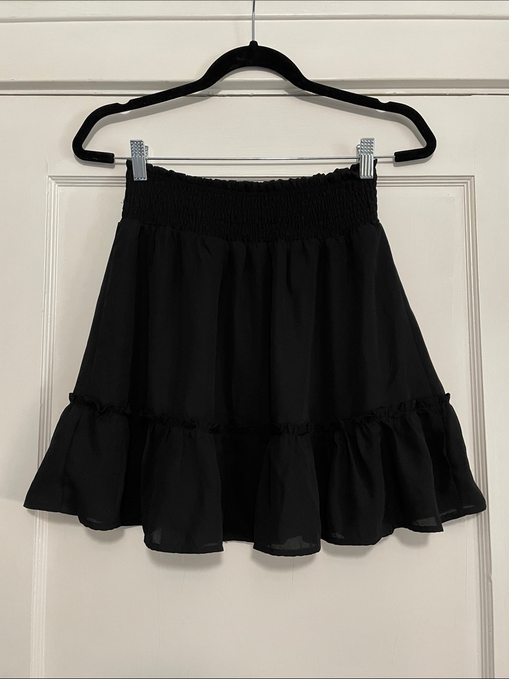 Lola Grace Ruffle Satin Smocked Waist Tiered Mini Skirt In Black Size Small